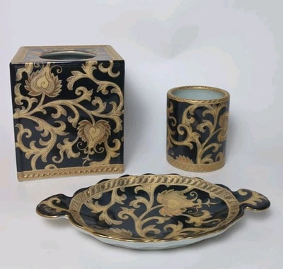 Vintage Ceramic Tissue Box Cover Tumblr & Soap Dish Black & Gold Amita Bathroom  - Image 1 of 4
