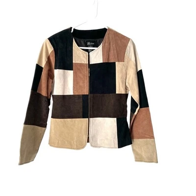 Chaqueta ajustada vintage de gamuza retazos Karen Arnold Boho con cremallera talla mediana Foto 1 de 4