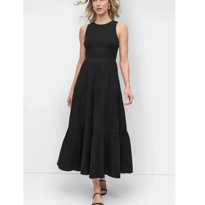 DKNY Gauze Tiered Smocked Maxi Tank Dress | Womens S, Black NEW - Image 1 of 4