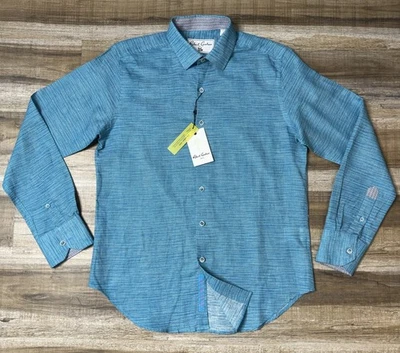 Robert Graham Shirt Mens Small Blue Linen Blend Brixton Long Sleeve Flip Cuff - Image 1 of 4