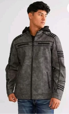 Buckle Black Men's Large Faux Leather Gray Hooded Jacket Captain's Stripes - Image 1 of 4