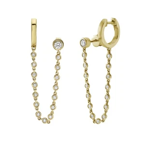 14K Yellow Gold Bezel Moissanite Stud and Huggie Connected Chain Earrings Jewelr - Picture 1 of 4