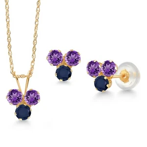 14K Yellow Gold Amethyst and Sapphire 3 Stone Pendant Earrings Set For Women - Picture 1 of 3