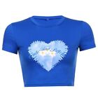 Women Short Sleeve O-Neck T-Shirt Contrast Color Blue Heart Print Slim Crop Top