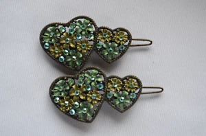 Retro Y2K Green Floral Heart Shape Rhinestone Metal Hair Clip Barrett Jewelry - Picture 1 of 4