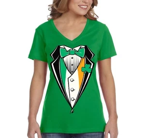 Damen-T-Shirt irischer Smoking Kobold lustig Bierklee St. Patricks Day VNeck - Bild 1 von 6