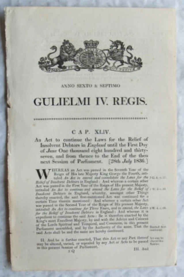 1836 Act of Parliament: relief insolvent debtors - Image 1 of 1