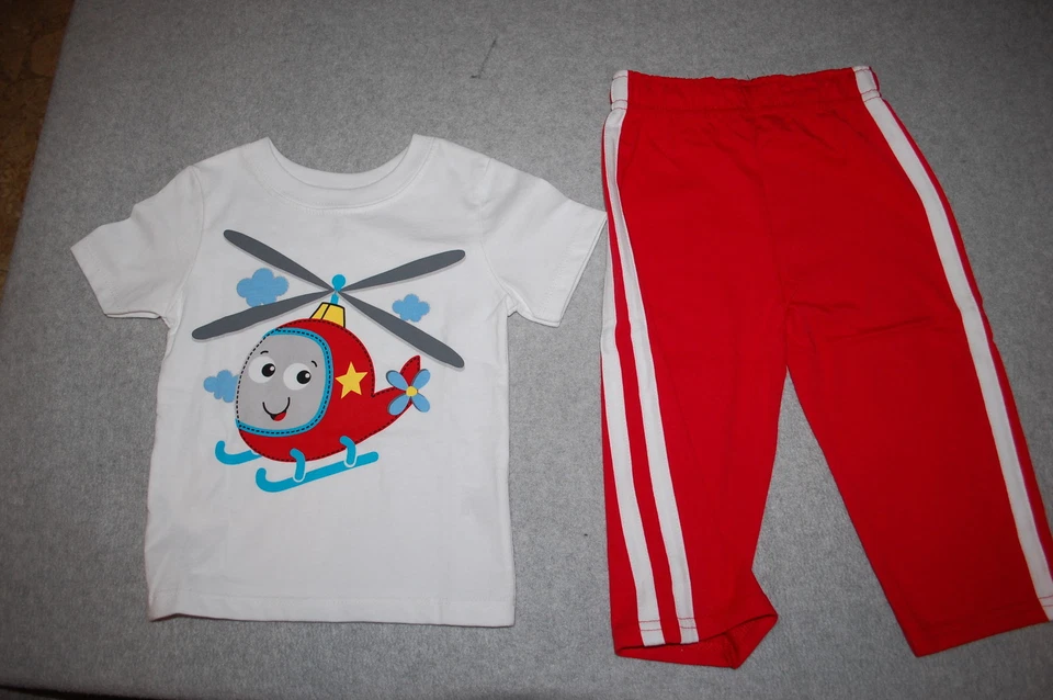 Toddler Boys Outfit S/S TEE SHIRT White CUTE HELICOPTER Red Knit Pants 18 MO - Image 1 of 1