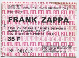 FRANK ZAPPA rare billet ticket stub concert FRANCE Paris 07/02/1978 KCP - Picture 1 of 2