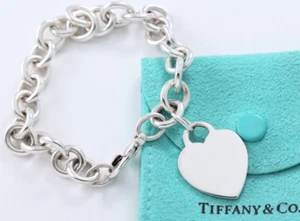 8" Tiffany & Co Silver Blank Engraveable Heart Tag Charm Bracelet Chain Link - Picture 1 of 7