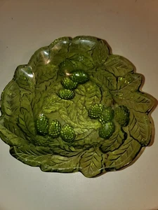 Vintage Indiana Green Glass Loganberry Raised Berries & Leaves Candy Dish Bowl - Picture 1 of 6