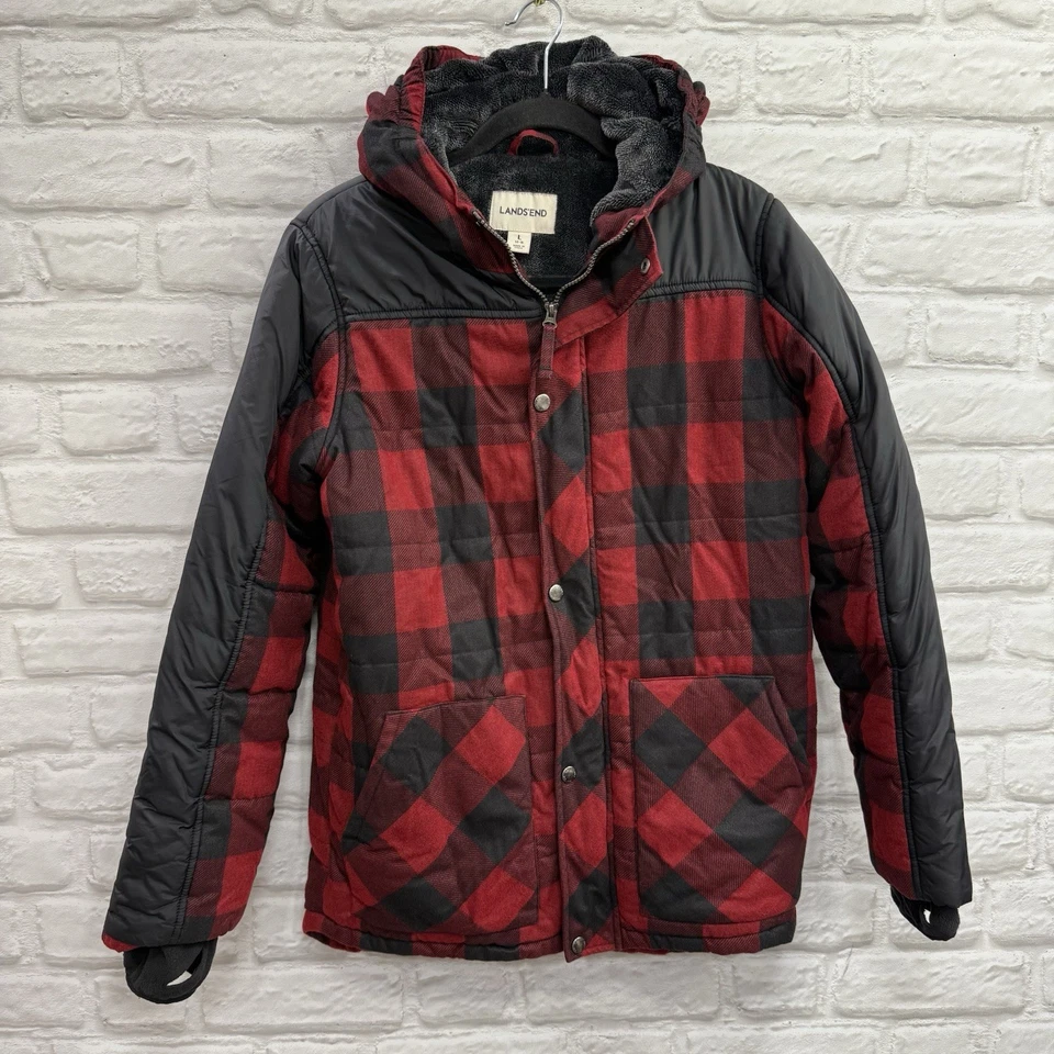 Chaqueta acolchada a cuadros de búfalo forrada de lana Lands End para niños roja y negra talla 14/16 Foto 1 de 4