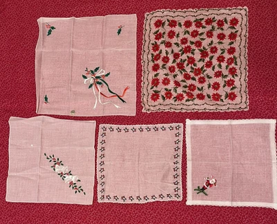 Vtg Christmas Hankie Handkerchief Poinsettia Embroider Santa Nasharr Holly Bells - Image 1 of 4