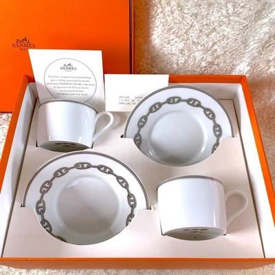 Hermes Paris Teetasse und Untertasse Chaine d'Ancre Platin Porzellan 2 Sets mit Box - Bild 1 von 4