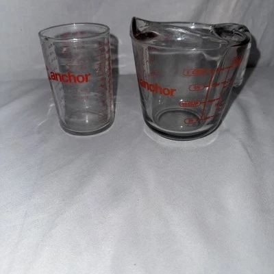 2 Vtg Anchor Hocking 5 oz Clear Glass Measuring Cups Red TSP. Oz. Jigger & 1 Cup - Image 1 of 4