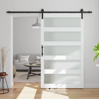 Puerta corredera de granero de vidrio de 42 pulgadas x 84 pulgadas y 5 paneles con kit de herrajes de 7 pies incluido Foto 1 de 4