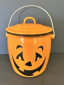Enamel Lidded Pumpkin Jack O Lantern Candy Bucket Pail Halloween - Picture 1 of 6
