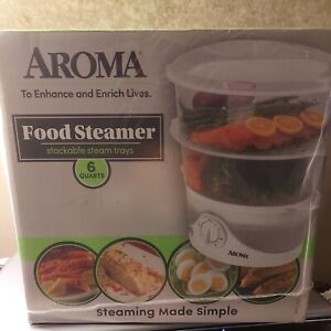 New AROMA 6 Qt Electric FOOD STEAMER 2-Tier White Dishwasher Safe BPA-Free NIB !