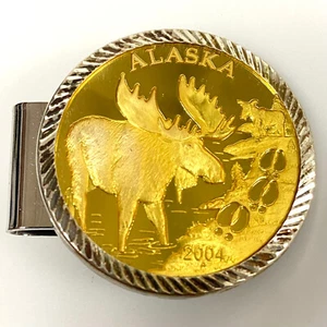 v068 Alaska Moose Cash Money Clip Holder Gold tone coin-like design - Picture 1 of 3