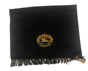 Burberry Scarf Black Stole Embroidered Crest 100% Cashmere Scotland 87x27” NEW - Picture 1 of 11