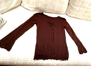 Cardigan Pointelle Sweater Top Open Front Tie  Brown Guessing Girls size S-M - Picture 1 of 10