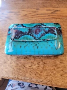 REDUCED!P&G Western Clutch Wallet Turquoise Snake Print Brown Embellished Cross - Picture 1 of 3