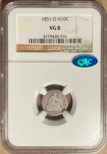 1851-O NGC & CAC VG 8 Liberty Seated Half Dime H10c - New Orleans Mint - Picture 1 of 2