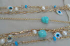 ELEGANT TRIPLE GOLD graduated  STRAND CHAIN NECLACE  FW PEARLS ,TURQUOISE & MOP 