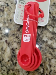 BETTY CROCKER RED PLASTIC MEASURING 1 TBS, 1, 1/2, 1/4 TSP SPOONS SIZES SET NIP - Picture 1 of 3