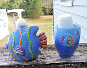 SKL Bathroom Fish Theme Soap Dispenser (replacement pump) & Cup Hand Painted
