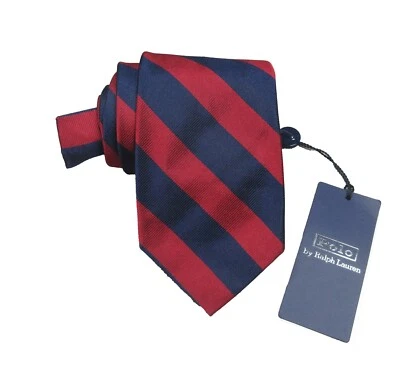 Gravata Polo Ralph Lauren azul marinho/vermelho listra padrão 3,25" seda US$ 125 feita na Itália - Imagem 1 de 2