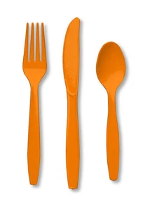 24 Piece Sunkissed Orange Premium Plastic Forks, Spoons, Knives Cutlery  - 8 ea - Picture 1 of 1