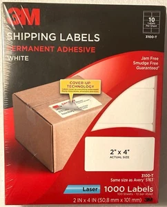 3M 2 x 4" 3100-T Shipping Labels Permanent Adhesive Laser 1000 Labels NEW SEALED - Picture 1 of 2