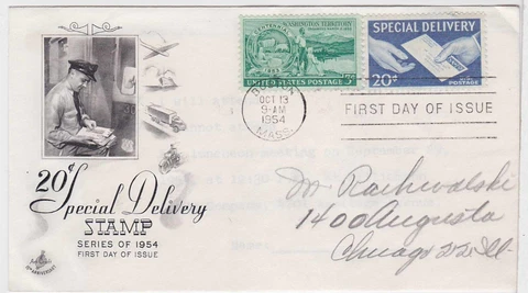 TurtlesTradingPost- 20 Cent Special Delivery 1954 - FDC #E20 Artcraft Cachet Cover