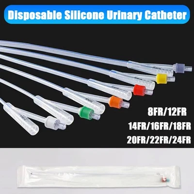 1-10PCS Disposable 2 Way Silicone Urinary Catheter For 8r/12/14/16/18/20/22/24Fr - Image 1 of 4