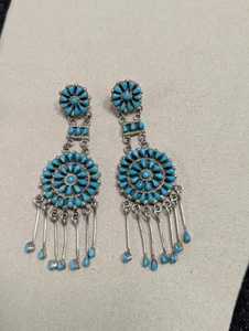 🩵Vintage Native American Zuni Silver & Turquoise Double Drop Fringe Earrings 🩵 - Picture 1 of 7