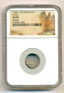 Russia Pietro I "Il Grande" 1682-1725 Argento Kopek AU58 NGC - Foto 1 di 4