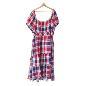 Torrid Midikleid kariert rot blau weiß Damen 4 4X neu ohne Etikett Stufen Puffärmel USA - Bild 1 von 7