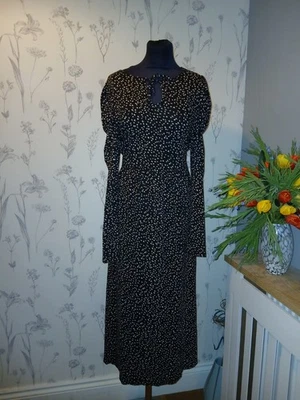 M&S Collection 16 Maxi Dress Black Spotted Puff Sleeve Long Length Keyhole Neck - Image 1 of 4