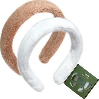 2 PCS Faux Fur Padded Knotted Headbands Wide Thick Stylish Hair Accessory - Image 1 of 4