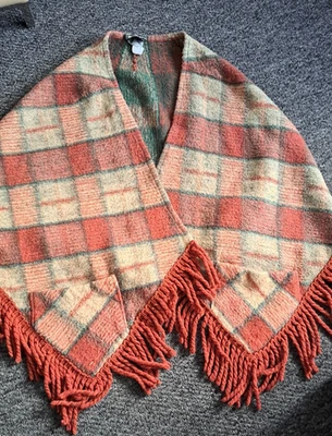 Vintage Damart Shawl Poncho Cape Check Plaid Fringe One Size - Image 1 of 4