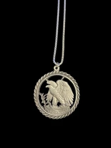 Eagle Half Dollar Walking Liberty Cut Coin Rope Border Silver 925 Necklace Z10 - Picture 1 of 5