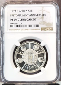 1974 SOUTH AFRICA SILVER 1 RAND S1R PRETORIA MINT NGC PF 69 ULTRA CAMEO TOP POP - Picture 1 of 3