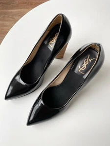 Yves Saint Laurent YSL Black Leather Pointed Toe Wood Hells Pumps, EU 40 US 9.5 - Picture 1 of 11