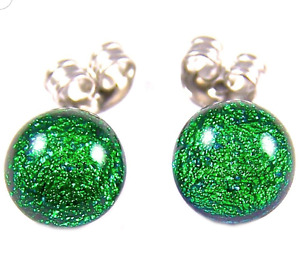 DICHROIC GLASS Post EARRINGS Tiny 1/4" 7mm Bright Green Emerald Fused STUDS Dots
