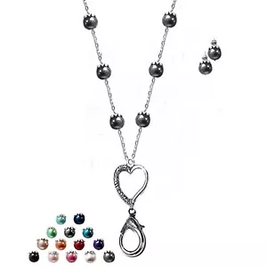 Lanyard necklace beaded Love Heart Charm pearls choose color, optional earrings - Foto 1 di 20
