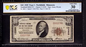 1929 T1 $10 NORTHFIELD NATIONAL BANK NOTE CURRENCY MINNESOTA PCGS B VF 30 NET - Picture 1 of 4