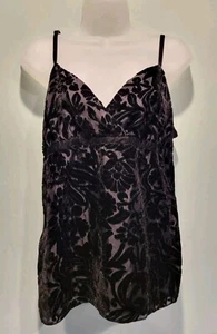 Y2K Black Burnout Velvet Empire Waist Babydoll Cami Tank Top Sz L - Picture 1 of 8