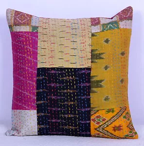 Vintage Silk Patola Sari Patchwork Cotton Throw Multicolor Kantha Cushion Cover - Picture 1 of 4