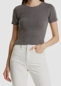 $90 Ksubi Women's Gray Rib-Knit Short Sleeve Arise Crewneck T-Shirt Top Size M - Picture 1 of 4